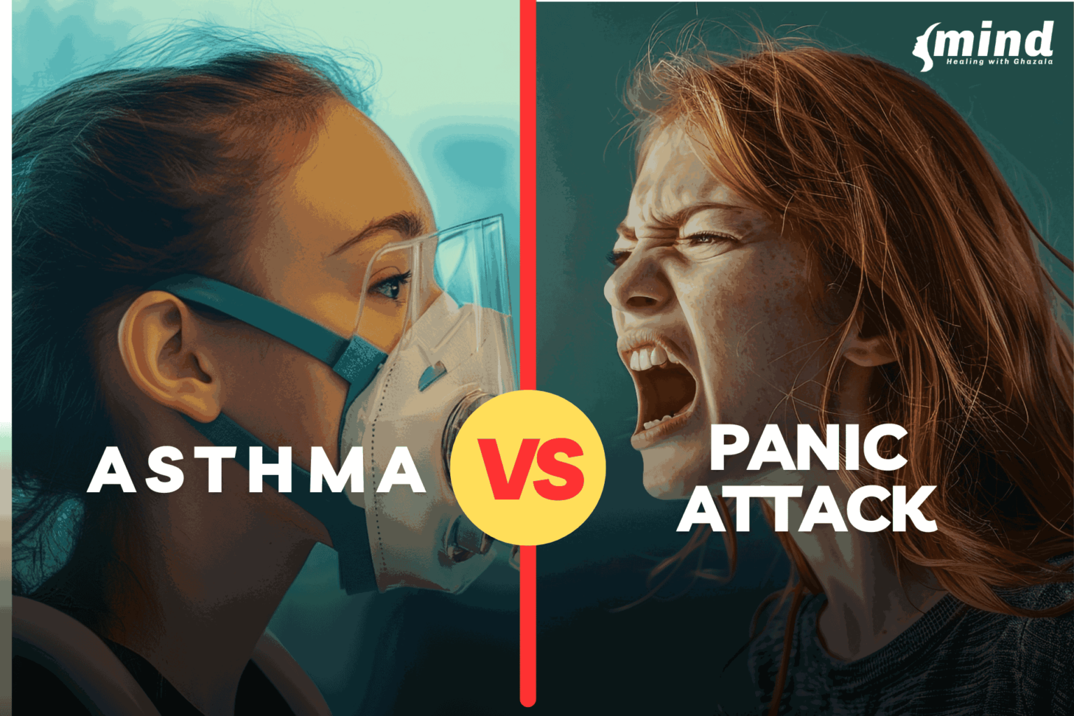 Asthma vs. Panic Attack Symptoms: Key Differences & Treatments .A comparison between asthma and panic attack, featuring a young woman wearing an oxygen mask on the left, representing asthma, and a distressed woman shouting on the right, representing a panic attack.