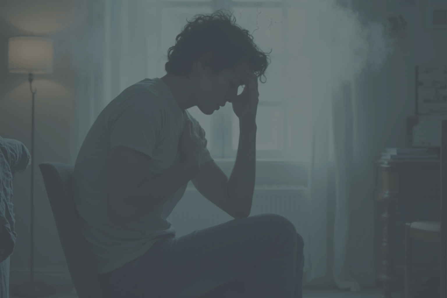 A person sitting in a dimly lit room, holding their chest and forehead in apparent distress, suggesting feelings of stress or anxiety. The individual appears to be experiencing shortness of breath, with a faint mist or smoke visible in the background, symbolizing the overwhelming nature of their emotions.