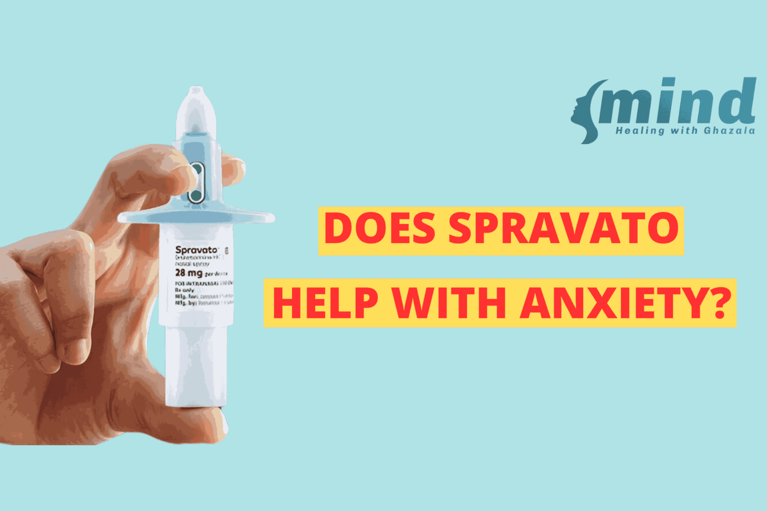 Spravato nasal spray held in hand with text asking 'Does Spravato help with anxiety?' and Mind Healing with Ghazala logo